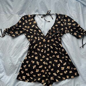 Floral Black Romper with Tie Sleeves